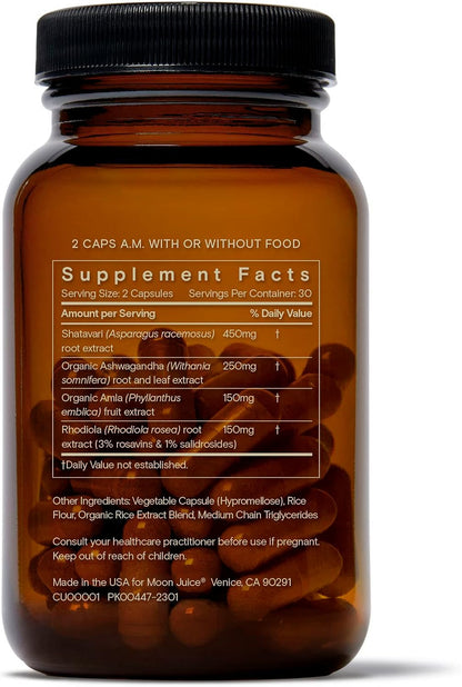 Moon Juice SuperYou Ashwagandha Supplements with Rhodiola, Shatavari & Amla - Cortisol Reducer for Energy, Mood, Focus and Stress Support, Vegan, Non-GMO & 100% Traceable, 60 Capsules, 30 Servings