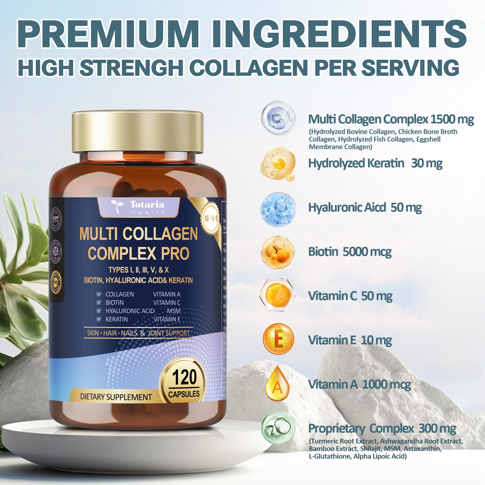18-in-1 Collagen Pro with Hyaluronic Acid, Keratin, Biotin, VIT A C & E for Skin, Hair, Nails, Joint & Beauty - Multi Collagen Peptides Capsules with Type I II III V & X for Women & Men - 120 Caps Totaria buy australia supplements