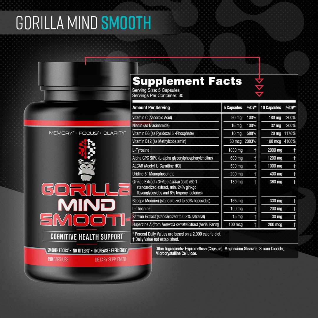 Gorilla Mind Smooth Nootropic Formula - Best Non-Stimulant Productivity Supplement/Memory · Focus · Mental Clarity · No Jitters / 150 Capsules