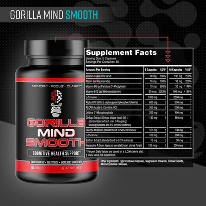 Gorilla Mind Smooth Nootropic Formula - Best Non-Stimulant Productivity Supplement/Memory · Focus · Mental Clarity · No Jitters / 150 Capsules