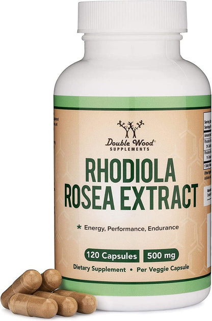 Rhodiola Rosea Supplement 500mg, 120 Vegan Capsules (Third Party Test, Gluten Free, 3% Salidrosides, 1% Rosavins Extract) for Performance, Double Wood Supplements