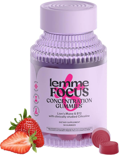 Lemme Focus Concentration & Brain Health Gummies with Cognizin Citicoline, Lion's Mane Mushroom, Vitamin B12 to Support Focus + Concentration - Gluten Free, Caffeine Free, Strawberry (50 Count)