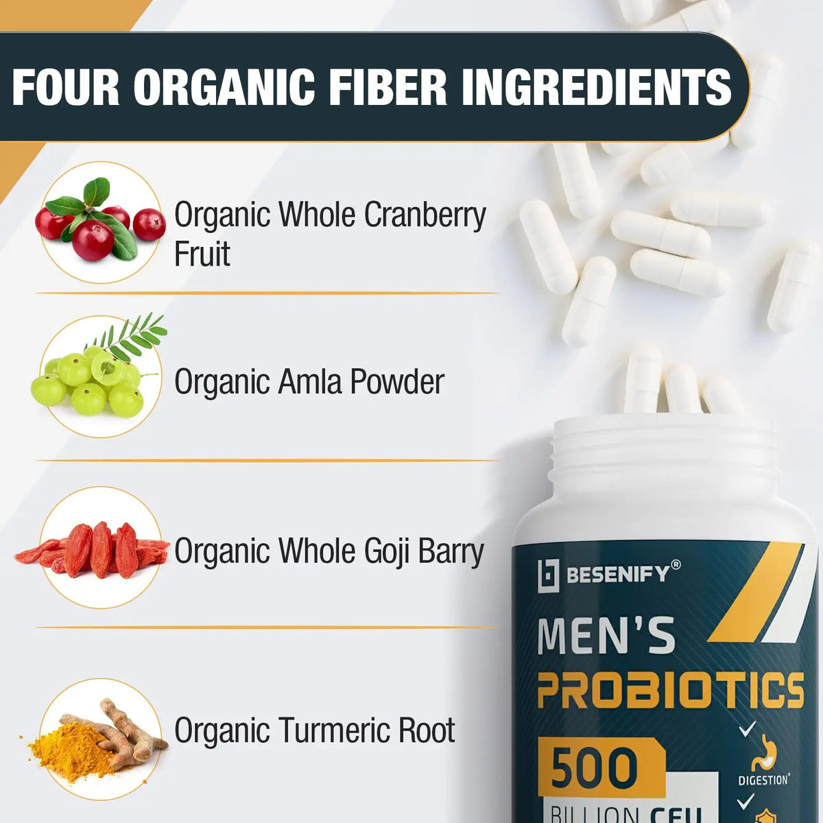 Probiotics for Men, 500 Billion CFUs & 12 Strains, Men's Probiotic with Turmeric, Cranberry, Goji - Probiotics for Digestive Health, Immune, Stomach, Besenify