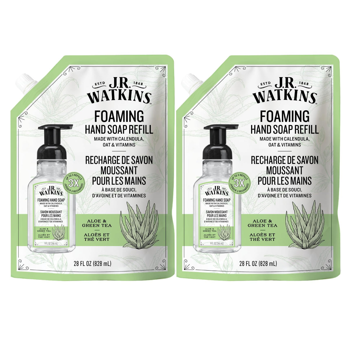 J.R. Watkins Foam Hand Soap Refill 2 Pack, Aloe & Green Tea, 28 fl oz J.R. Watkins