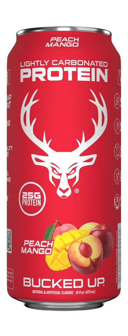 Bucked Up Lightly Carbonated Protein Soda | 25g Whey Isolate - Zero Sugar, Low Calorie, Caffeine Free, Clean Drink | Sparkling Protein Soda - 12 Pack, 16 oz Cans (Peach Mango)