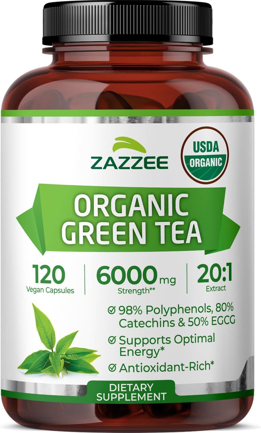 Zazzee USDA Organic Green Tea 20:1 Extract, 120 Vegan Capsules, 50% EGCG | 98% Polyphenols, 80% Catechins, 4 Month Supply, Antioxidant, Metabolism & Energy Support, Non-GMO, All-Natural, Made in USA Gsupps Australia