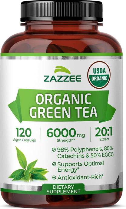 Zazzee USDA Organic Green Tea 20:1 Extract, 120 Vegan Capsules, 50% EGCG | 98% Polyphenols, 80% Catechins, 4 Month Supply, Antioxidant, Metabolism & Energy Support, Non-GMO, All-Natural, Made in USA Gsupps Australia