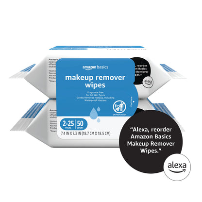 Amazon Basics Makeup Remover Wipes, Formulated without Fragrance and Alcohol-Free, Gentle Cleansing, Removes Waterproof Mascara, Dermatologist Tested, 25 Count, Pack of 2 Amazon Basics