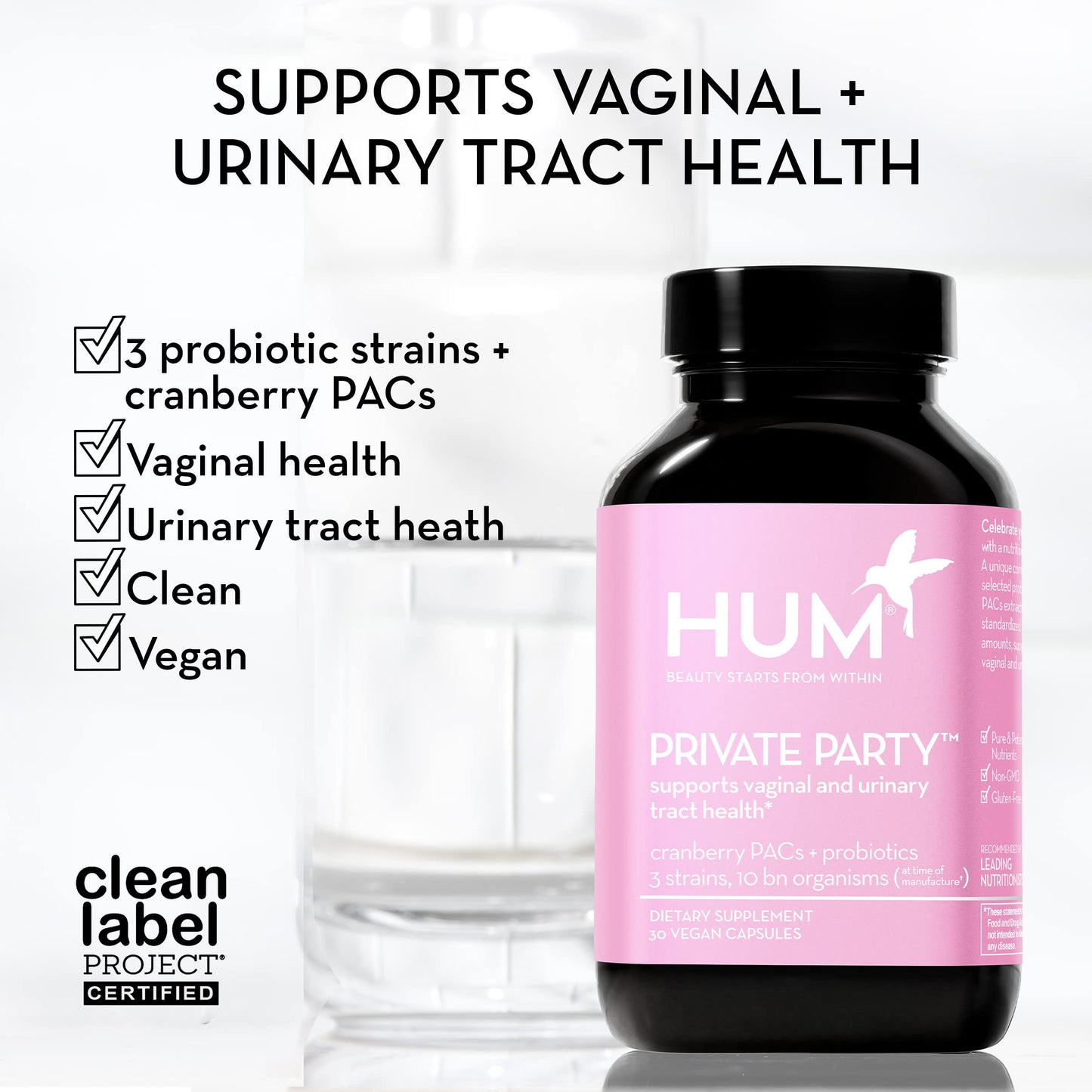 HUM Private Party Vaginal Probiotics for Women, pH Balance and Urinary Tract Support Vaginal Probiotic Supplement with Cranberry & Lactobacillus Blend, Women's Health Cranberry Pills, 30 Capsules