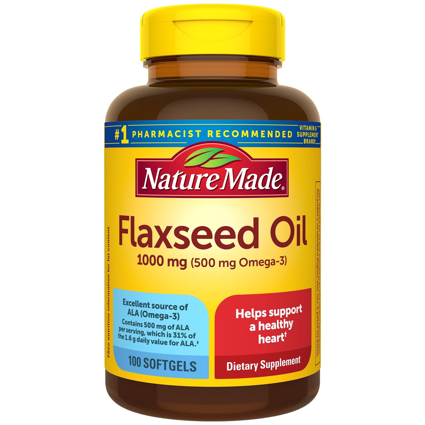 Nature Made Flaxseed Oil 1000 mg, Fish Free Omega 3 Supplement, Dietary Supplement for Heart Health Support, 100 Softgels, 100 Day Supply Nature Made