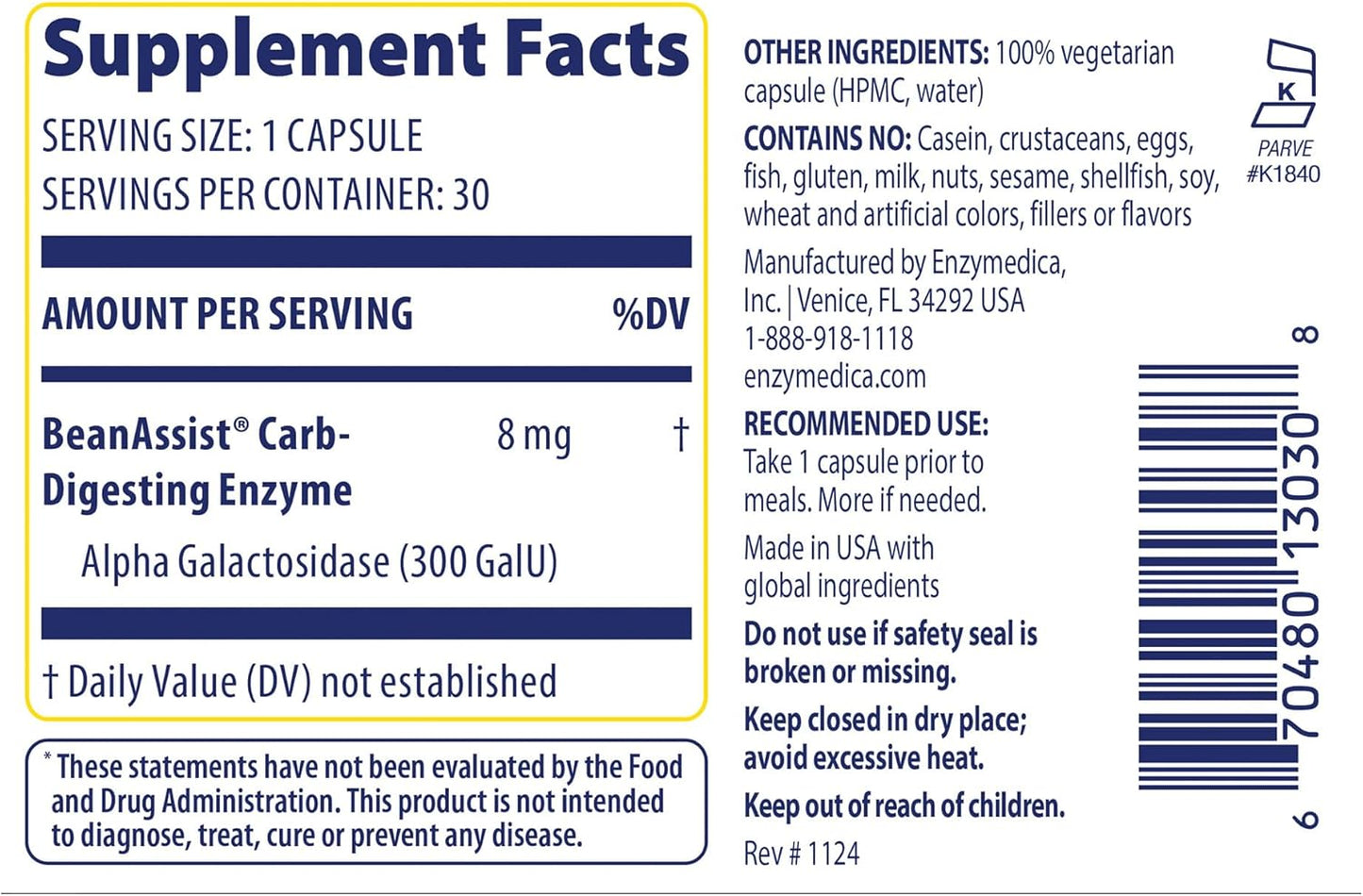 Enzymedica BeanAssist - Digestive Enzyme Supplement for Women & Men, Alpha Galactosidase Enzyme for Digestion & Gut Health Support, Helps Reduce Gas & Bloating, Fast-Acting, Vegan - 30 Caps Gsupps Australia