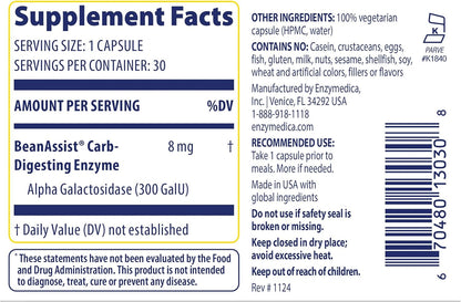 Enzymedica BeanAssist - Digestive Enzyme Supplement for Women & Men, Alpha Galactosidase Enzyme for Digestion & Gut Health Support, Helps Reduce Gas & Bloating, Fast-Acting, Vegan - 30 Caps Gsupps Australia
