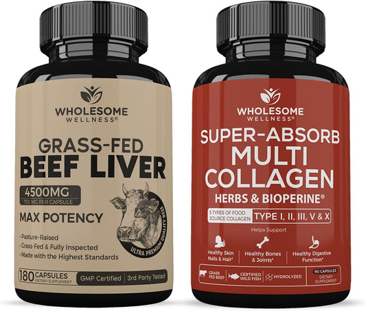 Grass Fed Desiccated Beef Liver Capsules (180 Pills, 750mg Each) - Natural Iron, Vitamin A, B12 for Energy + Super-Absorb Multi Collagen Pills (Type I II III V X) Organic Herbs and Bioperine Bundle Gsupps Australia