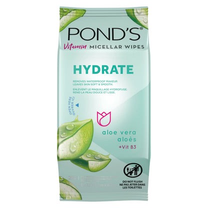 POND’S Micellar Makeup Remover Wipes, Removes Waterproof Mascara, with Aloe Vera & Vitamin B3, Alcohol-Free Facial Cleansing Wipes for Dry Skin, 25 Count POND'S