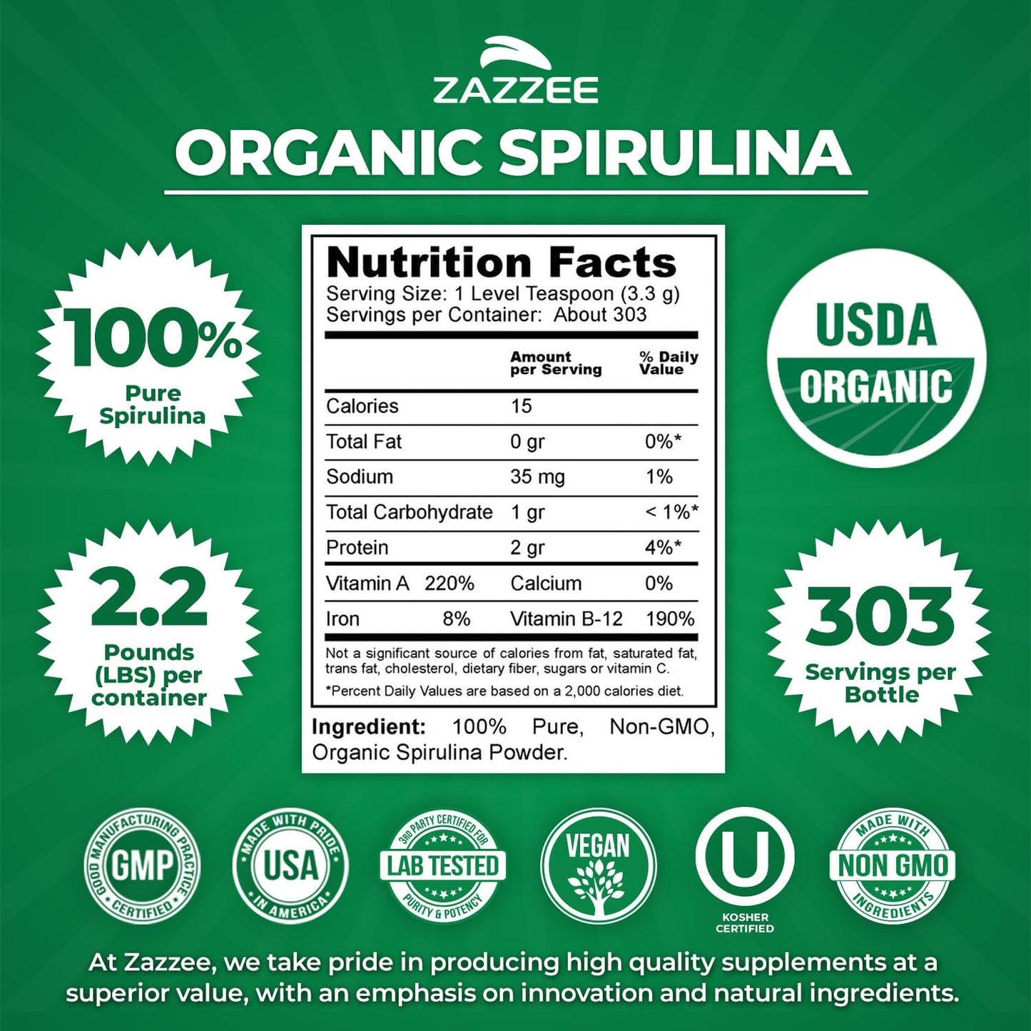 Zazzee USDA Organic Spirulina Powder, 2.2 Pounds (1 KG), 303 Servings | Certified Kosher, 100% Pure, Non-Irradiated, Mess-Free Wide Mouth Container, Fresh Smell, Neutral Taste, Non-GMO, Made in USA Gsupps Australia