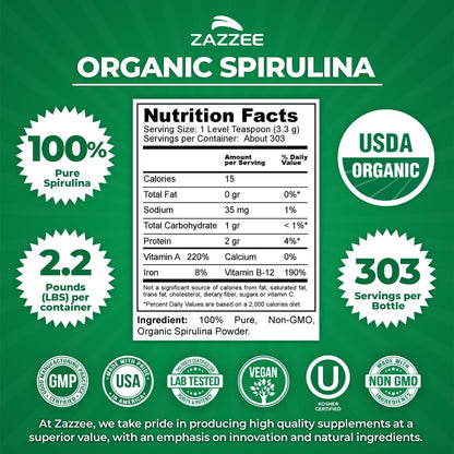 Zazzee USDA Organic Spirulina Powder, 2.2 Pounds (1 KG), 303 Servings | Certified Kosher, 100% Pure, Non-Irradiated, Mess-Free Wide Mouth Container, Fresh Smell, Neutral Taste, Non-GMO, Made in USA Gsupps Australia