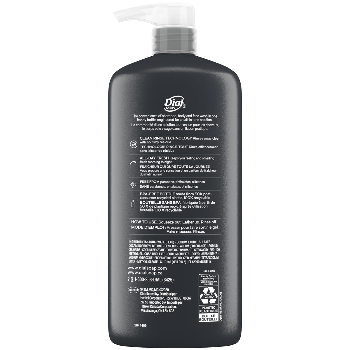 Dial Men 3-in-1 Body, Hair and Face Wash, Recharge, 23 Fl Oz, 3-Pack Dial