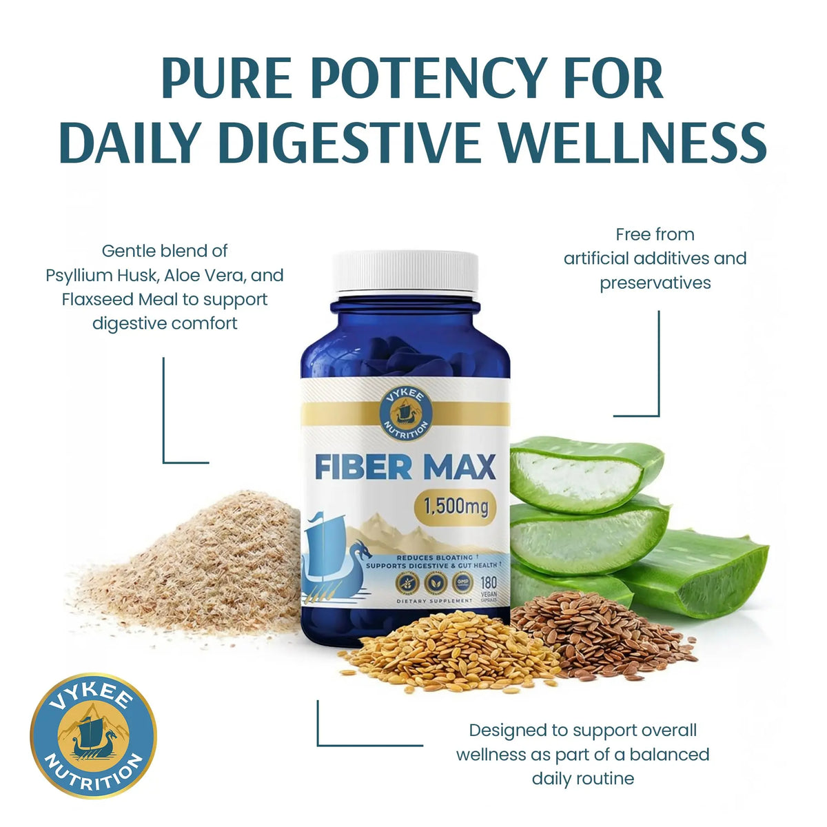 Vykee Nutrition Advanced Fiber Complex – Psyllium Husk, Aloe Vera, Chia & Flax Seed | Vegan, Non-GMO | Supports Digestive Health, Regularity & Gut Wellness | 180 Capsules Vykee Nutrition