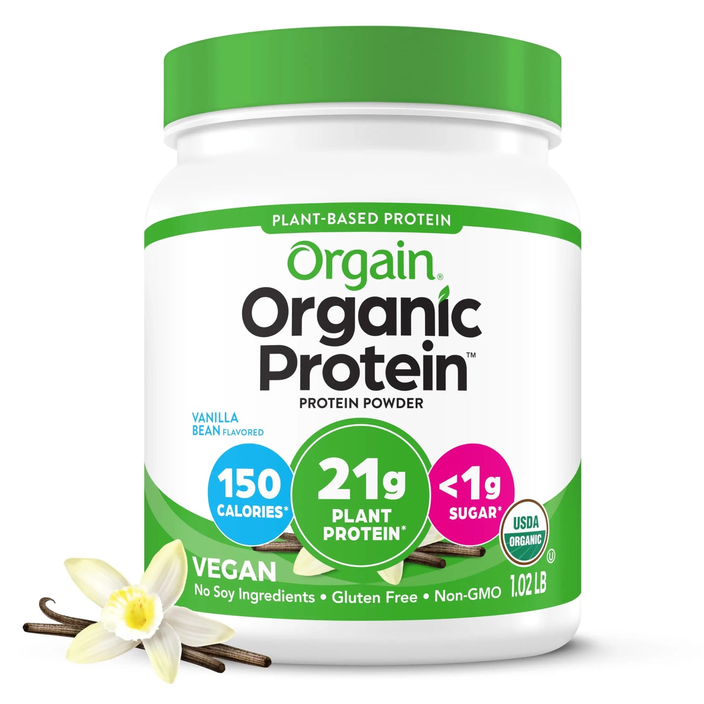 Orgain Organic Vegan Protein Powder, Vanilla Bean - 21g Plant Based Protein, 4g Prebiotic Fiber, No Lactose Ingredients, No Added Sugar, Non-GMO, For Shakes & Smoothies Orgain