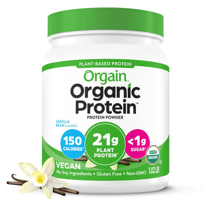 Orgain Organic Vegan Protein Powder, Vanilla Bean - 21g Plant Based Protein, 4g Prebiotic Fiber, No Lactose Ingredients, No Added Sugar, Non-GMO, For Shakes & Smoothies Orgain