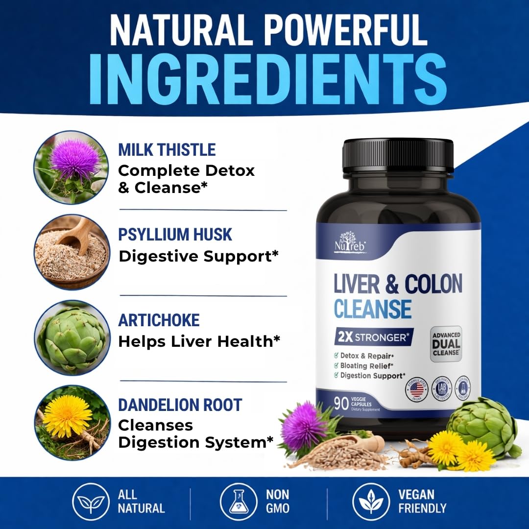 Nutreb Liver & Colon Cleanse - 2X Stronger - Liver Cleanse Detox & Repair - Colon Cleanser & Detox - Premium Milk Thistle Supplement Nutreb