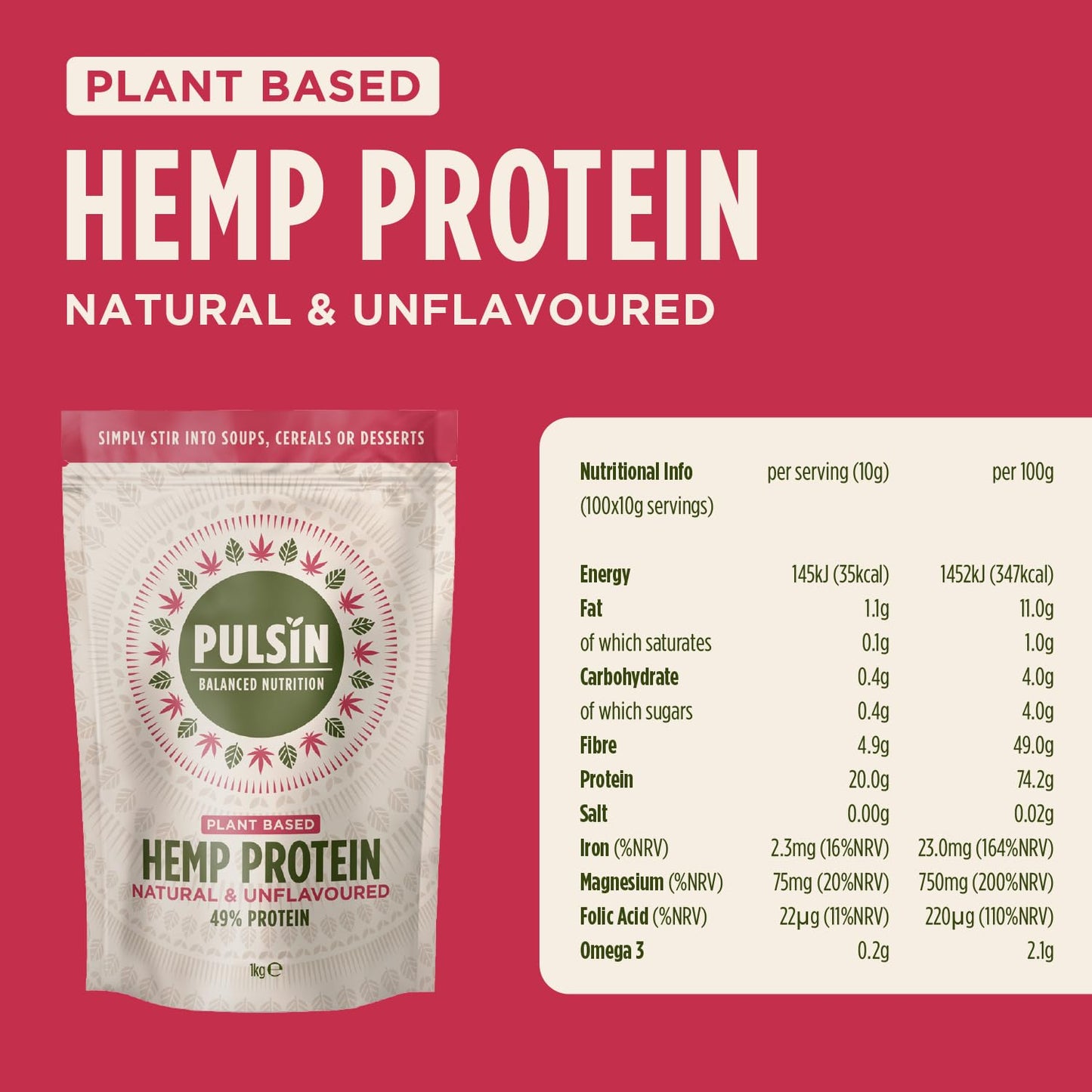 Pulsin - Natural Unflavoured Vegan Hemp Protein Powder - 1kg - 4.9g Protein, 0.4g Carbs, 35 Kcal Per Serving PulsinBuy Supplements Australia