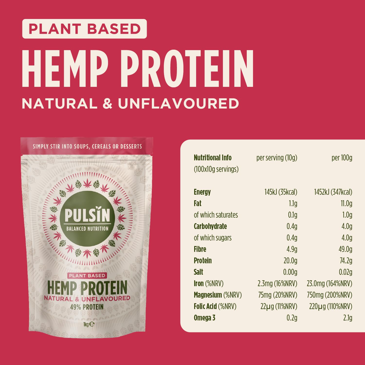 Pulsin - Natural Unflavoured Vegan Hemp Protein Powder - 1kg - 4.9g Protein, 0.4g Carbs, 35 Kcal Per Serving PulsinBuy Supplements Australia