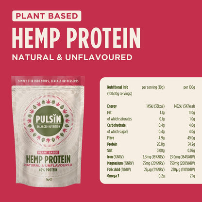 Pulsin - Natural Unflavoured Vegan Hemp Protein Powder - 1kg - 4.9g Protein, 0.4g Carbs, 35 Kcal Per Serving PulsinBuy Supplements Australia