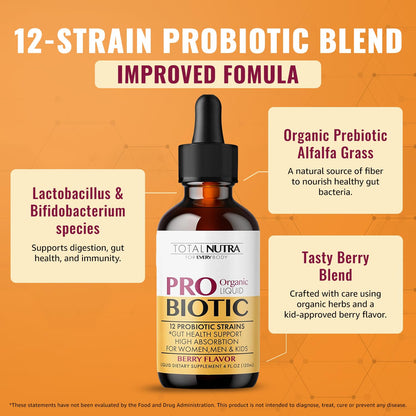 Total Nutra USDA Organic Liquid Probiotic for Kids, Women & Men, Toddler Probiotic Drops with Alfalfa Prebiotic Blend + Acidophilus for Gut Health, Vegan Total Nutra