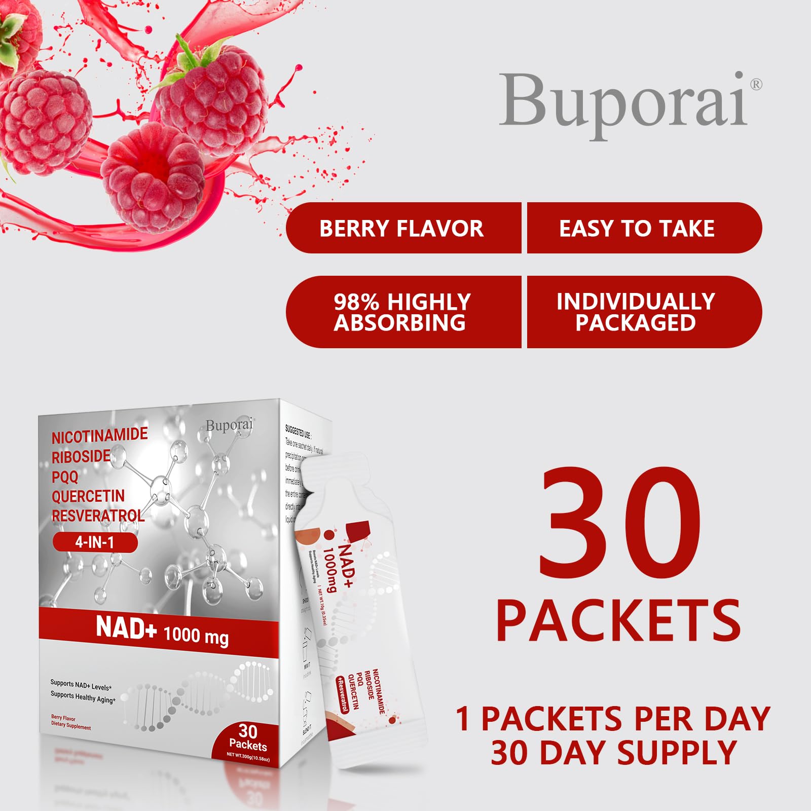 Buporai NAD Supplement 1000 mg Liquid Packets - NAD Supplements for Women & Men with Nicotinamide Riboside, Resveratrol, PQQ, Quercetin - NMNH Supplement Alternative for Anti-Aging, Energy-30 Packets Buporai buy australia supplements