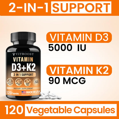 VITBOOST Vitamin D3 K2 Complex - Easy to Swallow - Vitamin D (D3) 5000 IU (125 mcg) & K2(MK-7) 90 mcg | Non-GMO | Gluten-Free VITBOOST