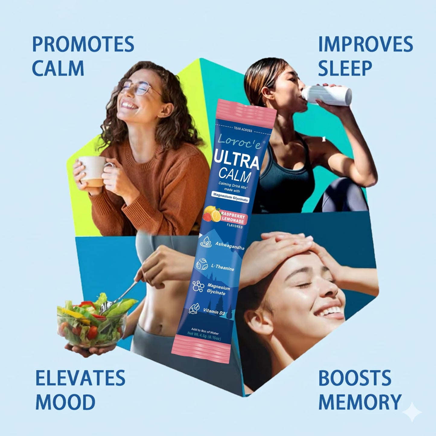 Loroc'e UltraCalm Super Cortisol Reducer Drink, Magnesium Glycinate (30 Servings), L-theanine, Ashwagandha, Vitamin D, No Sugar, Loroc'e