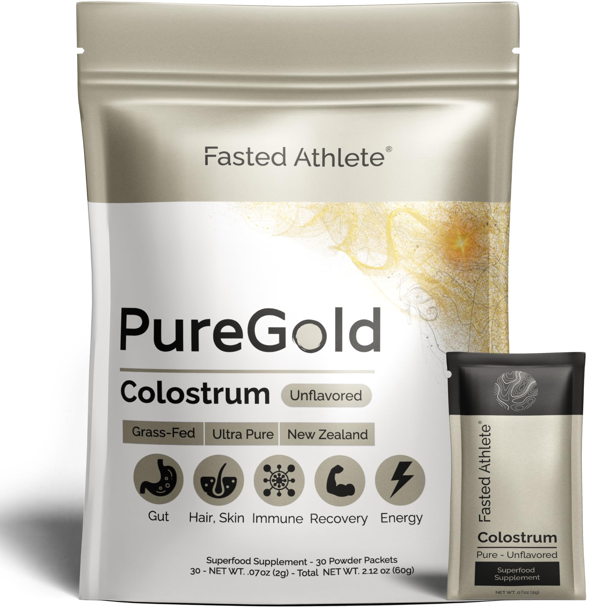 PureGold - Bovine Colostrum Powder - 100% Pure New Zealand Grass Fed, Supports Gut Health, Skin, Hair, & Immunity – Colostrum Supplement, Unflavored, 30 Travel Packets Fasted Athlete buy australia supplements