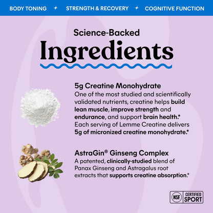 Lemme Creatine Monohydrate Gummies for Women and Men, 5g Dose to Support Lean Muscle, Strength, Recovery, Cognitive Health, w/Ginseng for Absorption, Sour Strawberry, NSF Certified, 60 Gummies