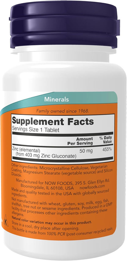 NOW Foods Supplements, Zinc (Zinc Gluconate) 50 mg, Supports Enzyme Functions*, Immune Support*, 100 Tablets Gsupps Australia