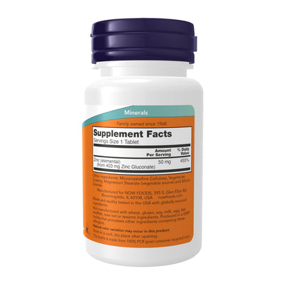 NOW Foods Supplements, Zinc (Zinc Gluconate) 50 mg, Supports Enzyme Functions*, Immune Support*, 100 Tablets NOW Foods