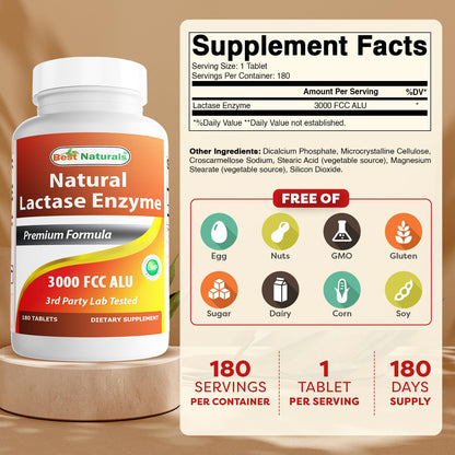Best Naturals Fast Acting Lactase Enzyme Tablet, 3000 Fcc Alu, 180 Count Best Naturals