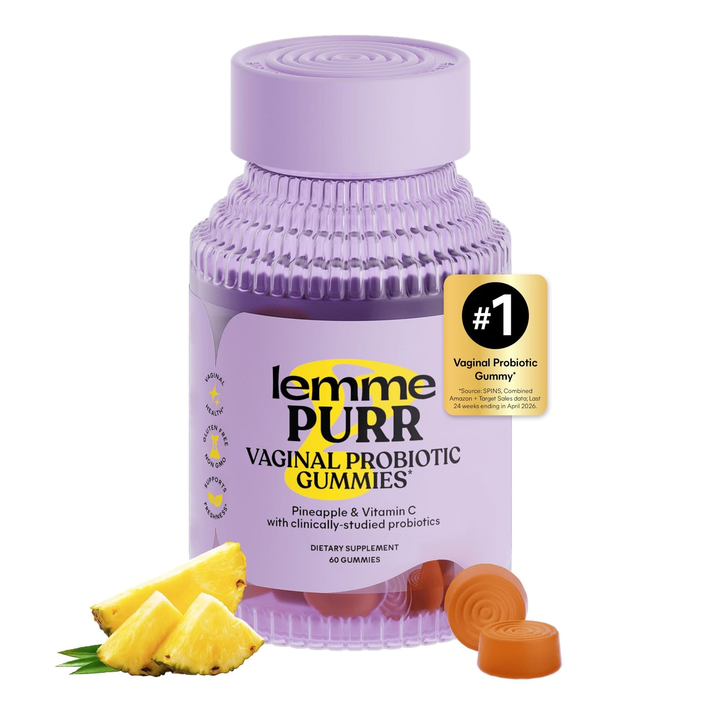 Lemme Purr Vaginal Probiotic Gummies for Women - Balanced pH, Healthy Odor, Yeast Balance & Flora Support + Vitamin C for Immune Health - Tasty Pineapple (60 Count)