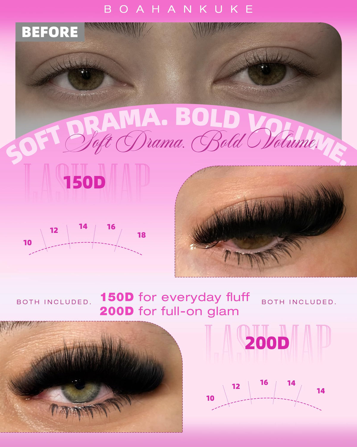 Fluffy Lash Clusters Kit with Bottom Lashes Volume Eyelash Extension Kit 150D+200D Thick Eyelash Clusters Kit 8-18MM Wispy Individual Lashes with Waterproof Lash Bond&Seal D Curl Lash Extension kit Boahankuke