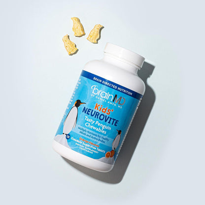 BRAINMD Dr Amen Kids’ NeuroVite, Orange Flavor - 120 Penguin-Shaped Chewables - Multivitamin & Mineral Supplement - Promotes Healthy Development & Growth - Gluten Free - 60 Servings