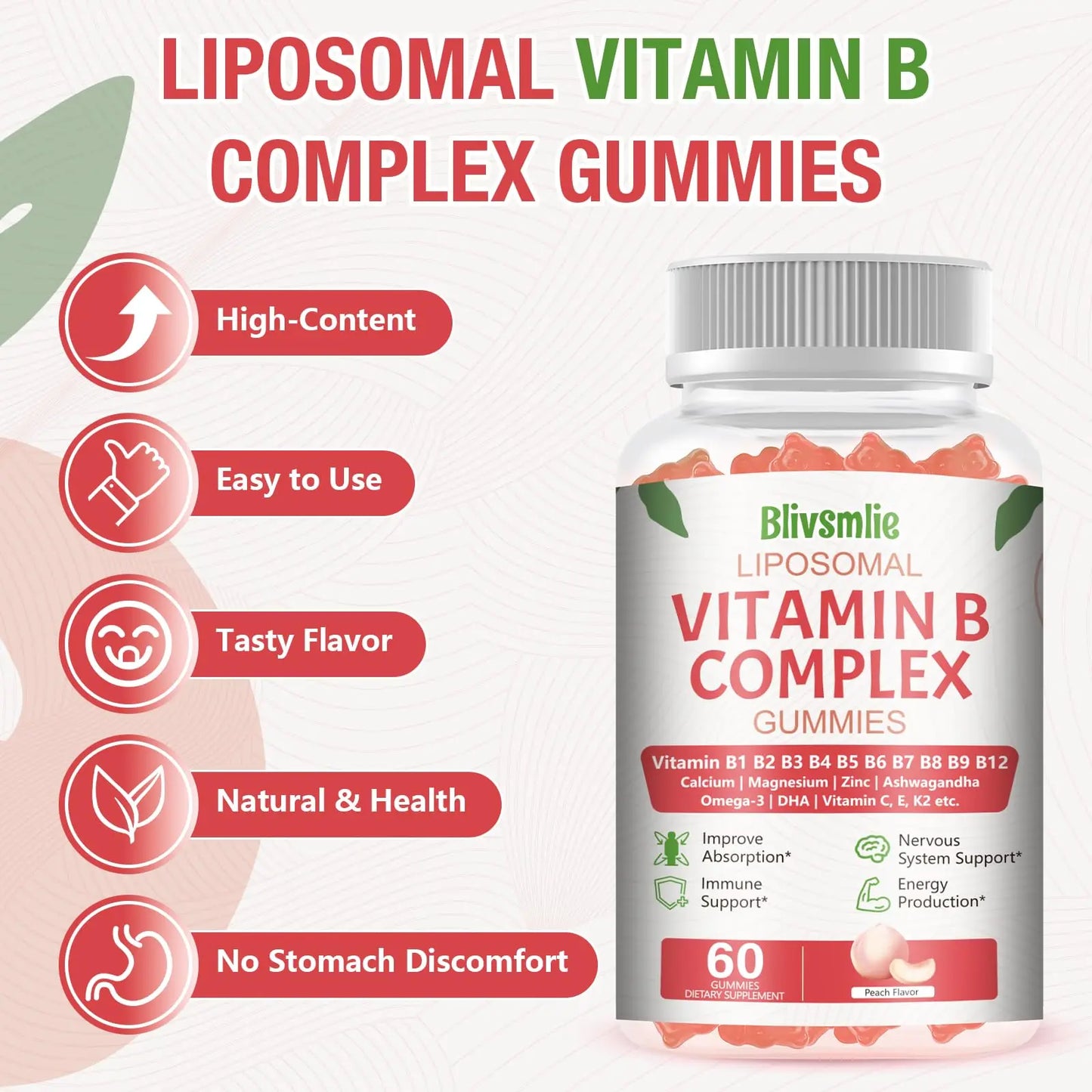Blivsmlie 2 Pack 33-in-1 Liposomal Vitamin B Complex Gummies -B1, B2, B3, B4, B5, B6, B7, B8, B9,B12 | Vitamin C, D3,K2|Calcium,Magnesiun,Zinc etc.for Energy Blivsmlie