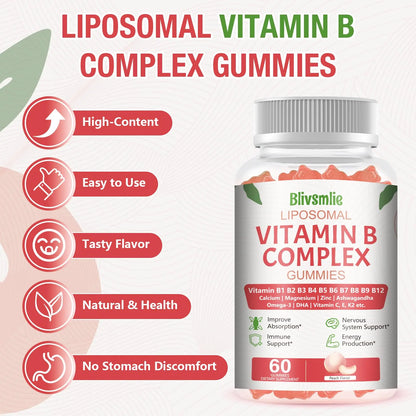 Blivsmlie 2 Pack 33-in-1 Liposomal Vitamin B Complex Gummies -B1, B2, B3, B4, B5, B6, B7, B8, B9,B12 | Vitamin C, D3,K2|Calcium,Magnesiun,Zinc etc.for Energy Blivsmlie