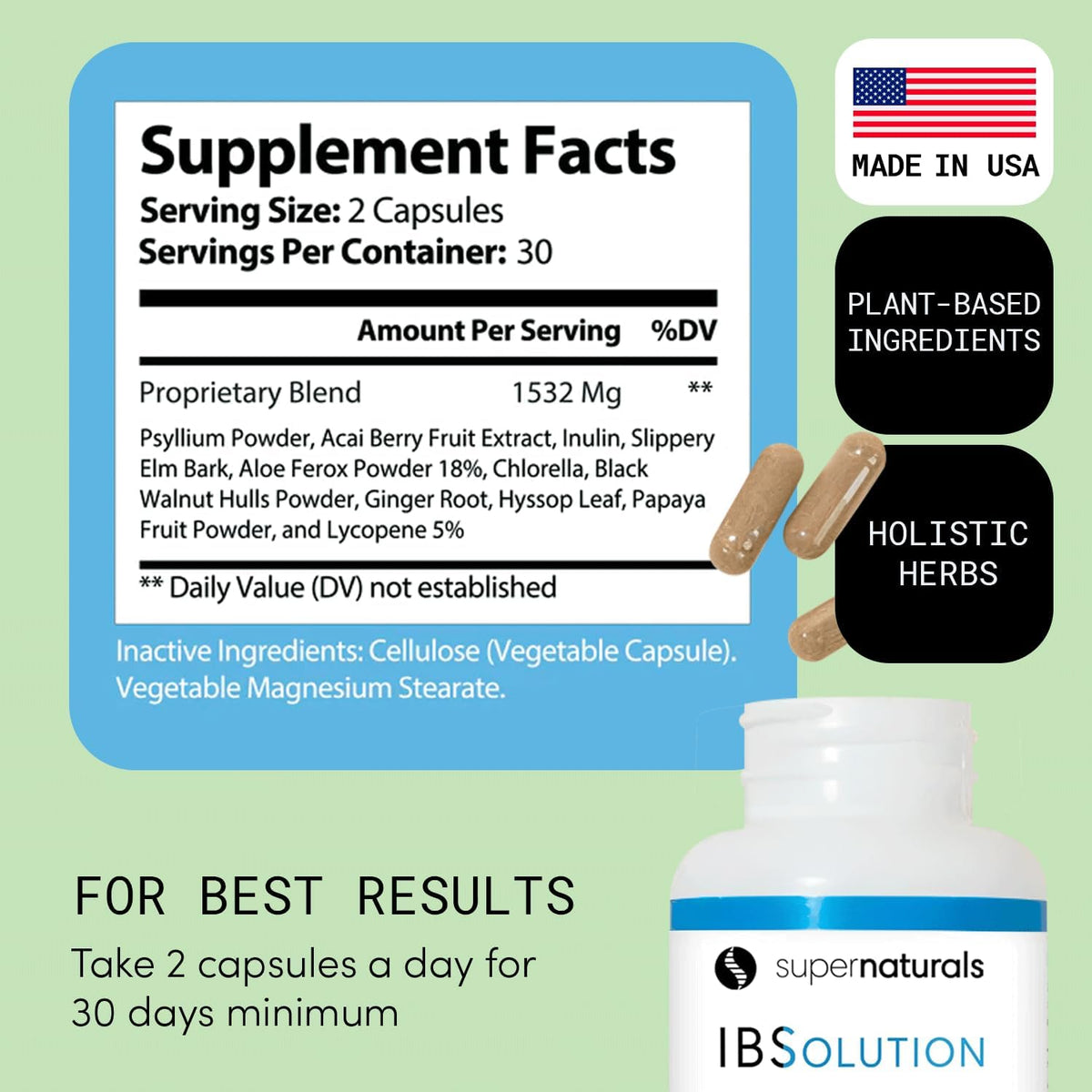 SuperNaturals IBSolution - Made in USA, Non-GMO, Gluten Free & Vegan (60 Capsules) - Digestive Gut Health Supplement With Psyllium Husk - Gas, Bloating, Diarrhea JLM NUTRITIONALS