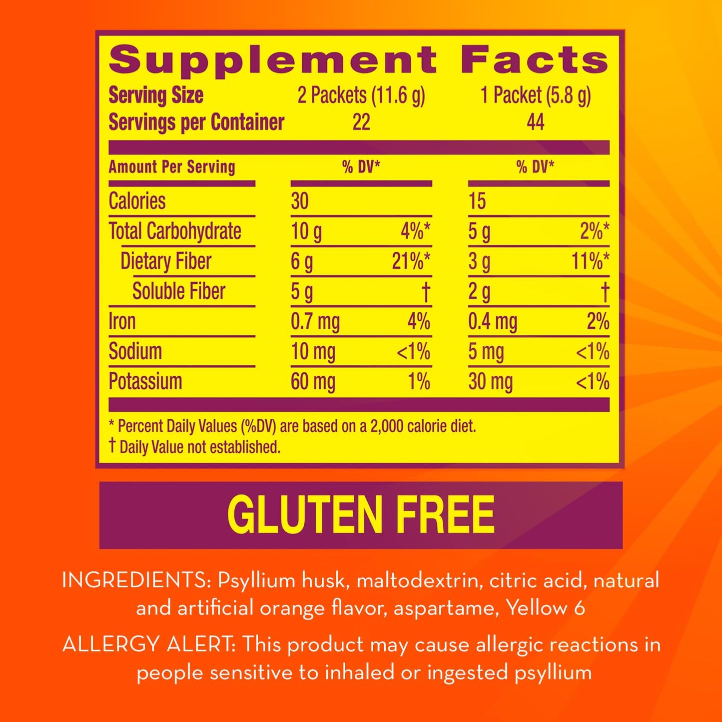 Metamucil On-the-Go Packets, Sugar-Free, 44 Packets, 4-in-1 Psyllium Husk Fiber Supplement, Orange Flavored, Individual Servings Great for Travel Metamucil