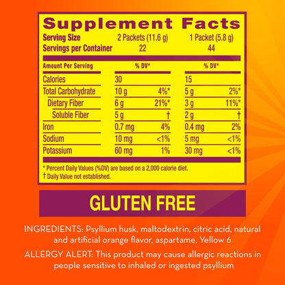 Metamucil On-the-Go Packets, Sugar-Free, 44 Packets, 4-in-1 Psyllium Husk Fiber Supplement, Orange Flavored, Individual Servings Great for Travel Metamucil