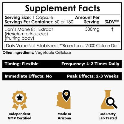 Nootropics Depot Lions Mane Mushroom Capsules | 8:1 Whole Fruiting Body Dual Extract | 500mg | 60 Count | Hericium erinaceus