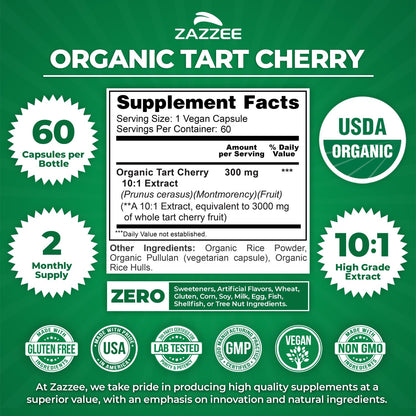Zazzee USDA Organic Tart Cherry 10:1 Extract, 120 Capsules, 4 Month Supply | Vegan, Montmorency Cherry, Daily Wellness Antioxidant Support, Organic Herbal Supplement, All-Natural, Non-GMO, Made in USA Gsupps Australia