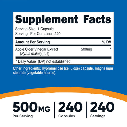 Nutricost Apple Cider Vinegar Capsules 500mg, 240 Vegetarian Capsules - Natural, Vegetarian, GMP, Non-GMO and Gluten Free Nutricost