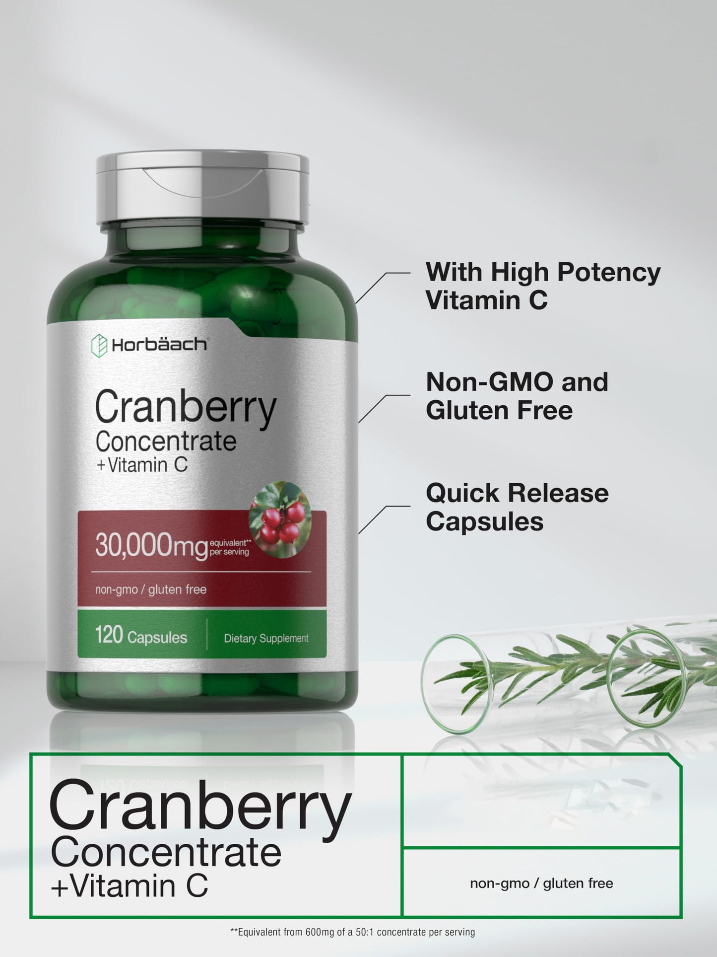 Horbäach Cranberry Concentrate Extract Pills + Vitamin C | 120 Capsules | Supplement for Women and Men | Triple Strength Ultimate Potency Formula Horbäach