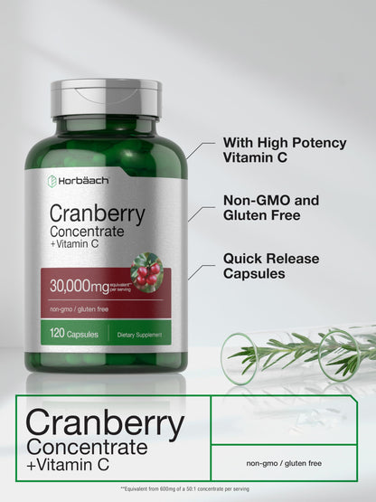 Horbäach Cranberry Concentrate Extract Pills + Vitamin C | 120 Capsules | Supplement for Women and Men | Triple Strength Ultimate Potency Formula Horbäach